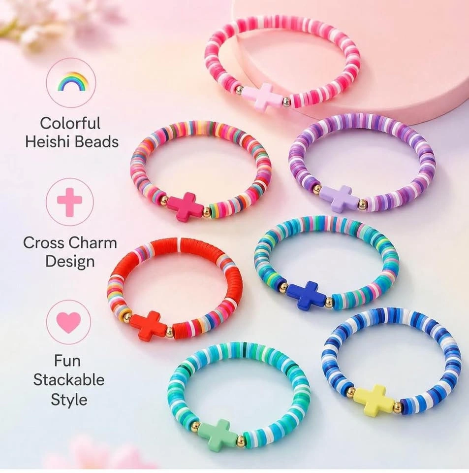 Colorful Heishi Bead Cross Charm Bracelets - photo 2