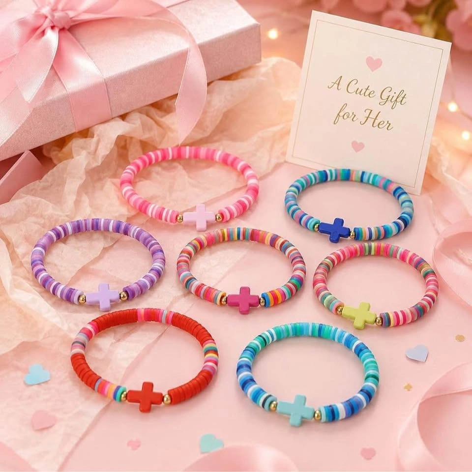 Colorful Heishi Bead Cross Charm Bracelets - photo 3