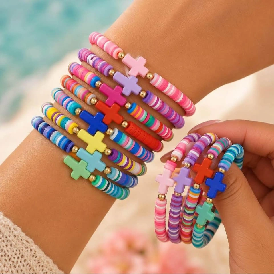 Colorful Heishi Bead Cross Charm Bracelets - photo 4