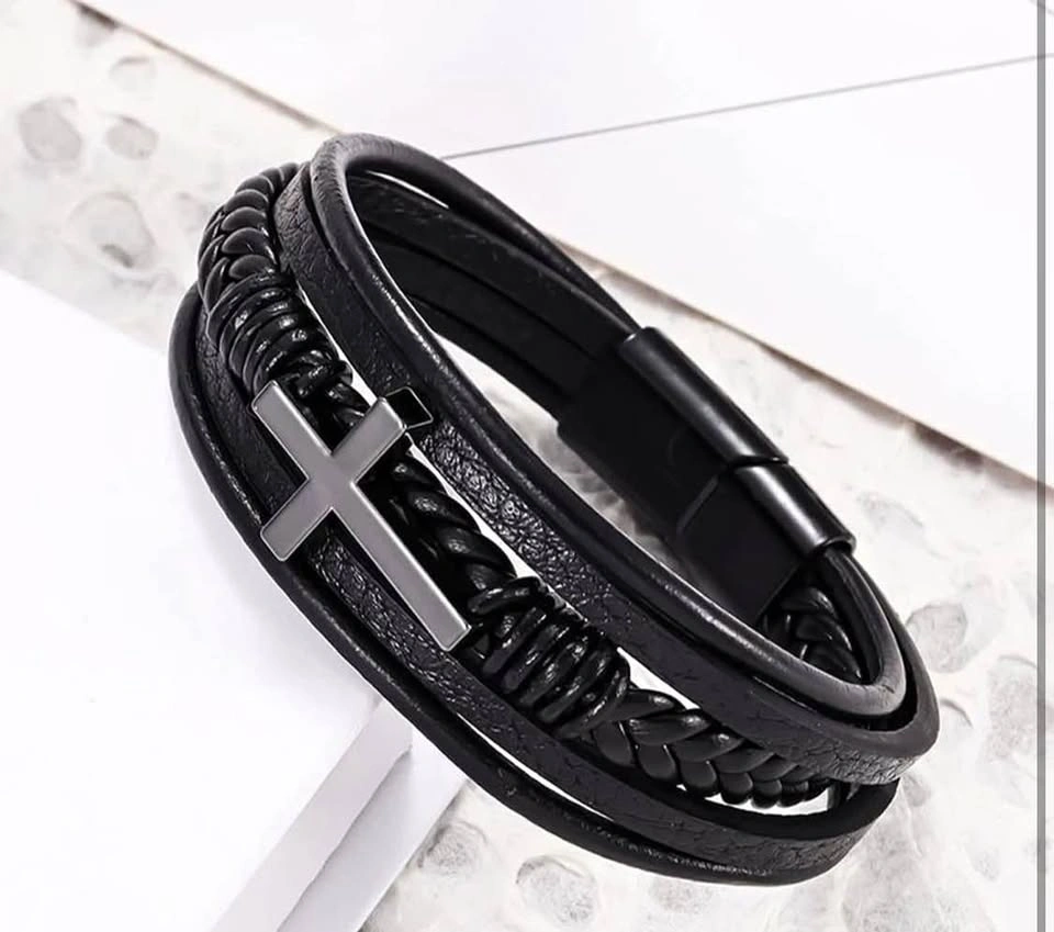 Men's Black Multi-Layer Leather Cross Bracelet