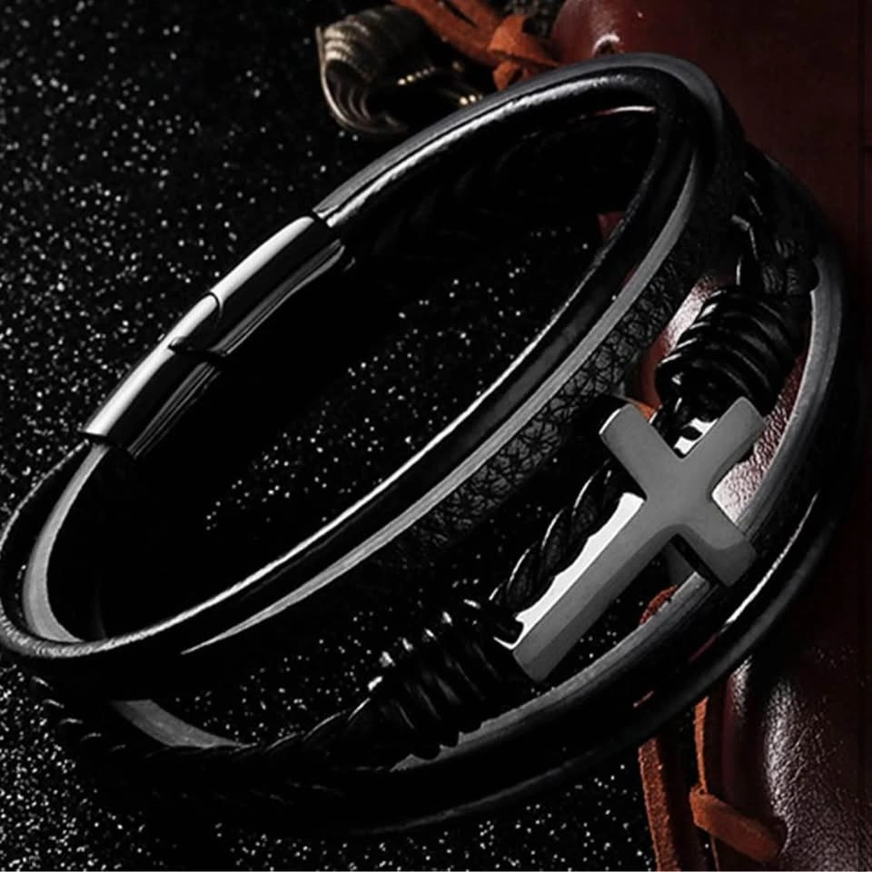 Men's Black Multi-Layer Leather Cross Bracelet - photo 2