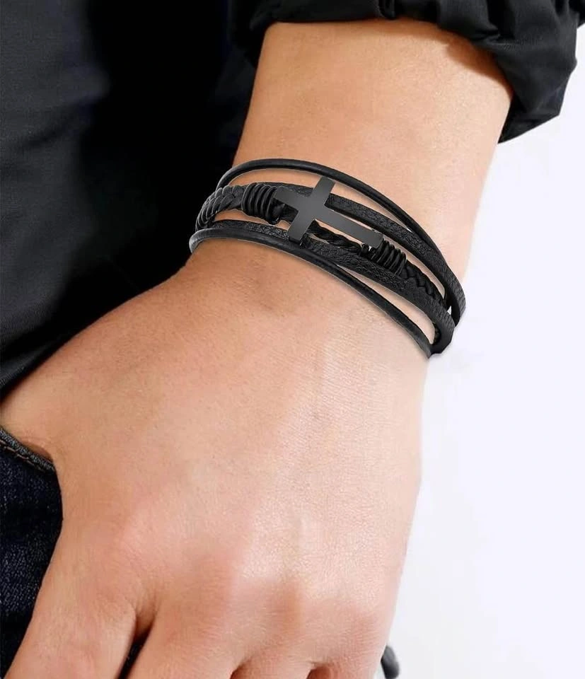 Men's Black Multi-Layer Leather Cross Bracelet - photo 3