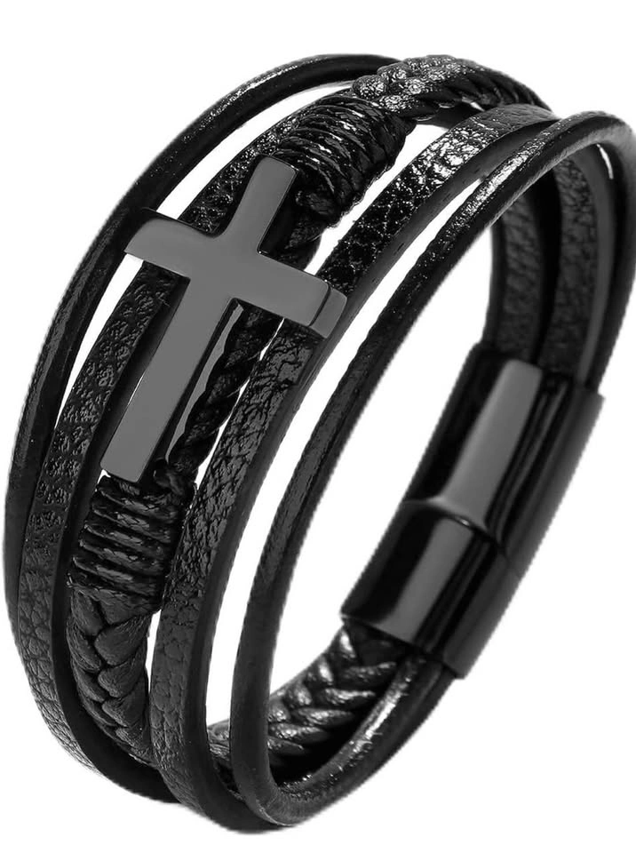 Men's Black Multi-Layer Leather Cross Bracelet - photo 4