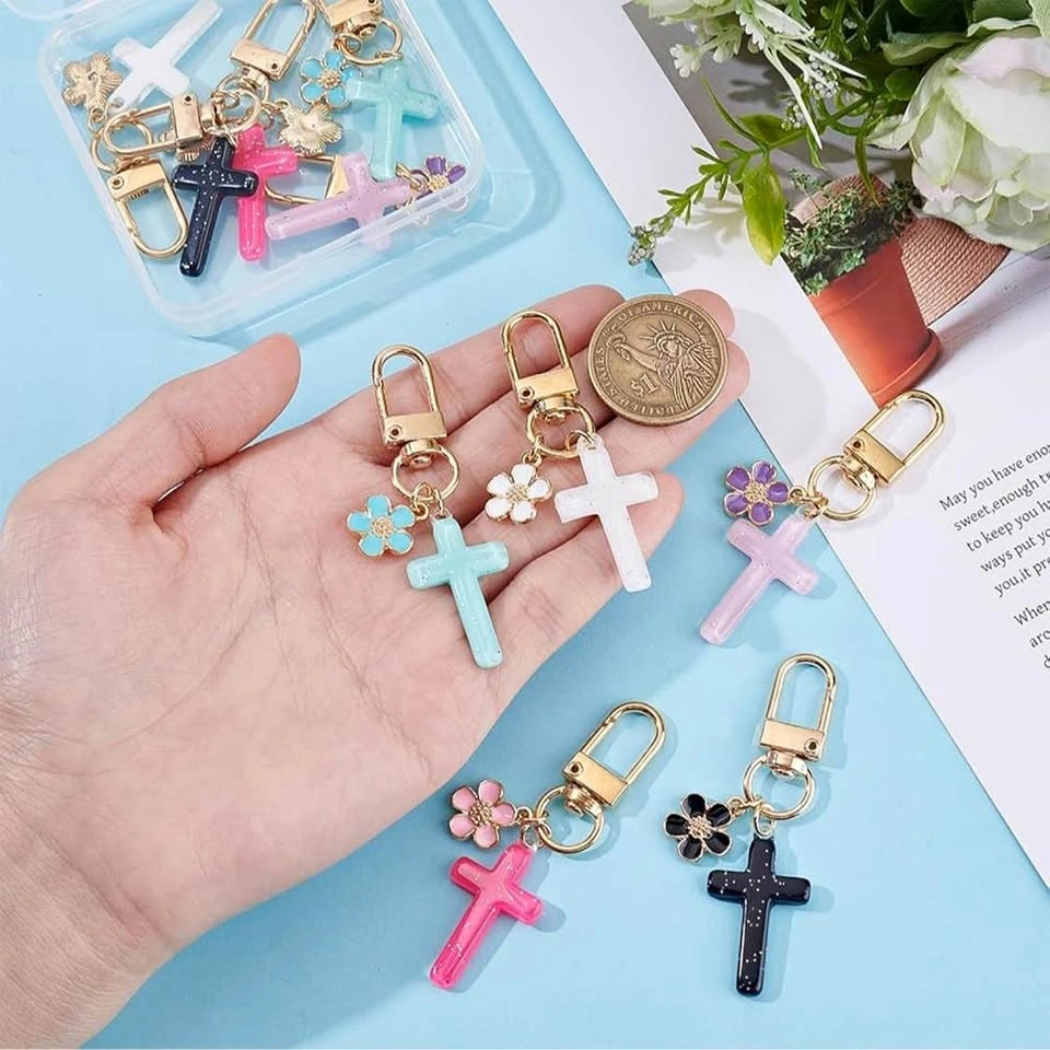 ✨ Glitter Cross & Flower Keychain – $5 Each