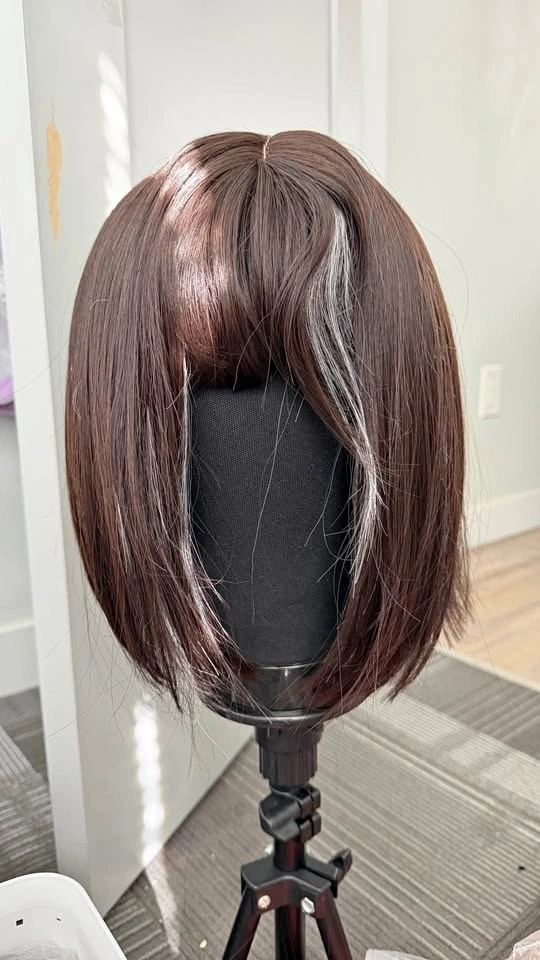 Brown and silver bob wig, straight with bangs