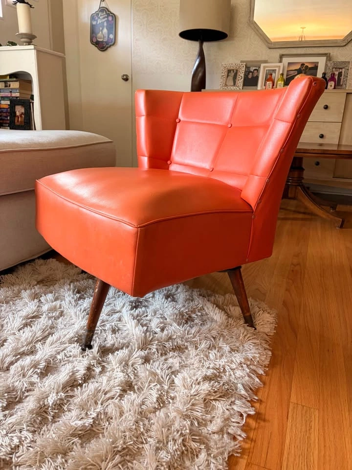 Mid-Century Modern Orange Vinyl Swivel Barrel Chair (1960s) - photo 2