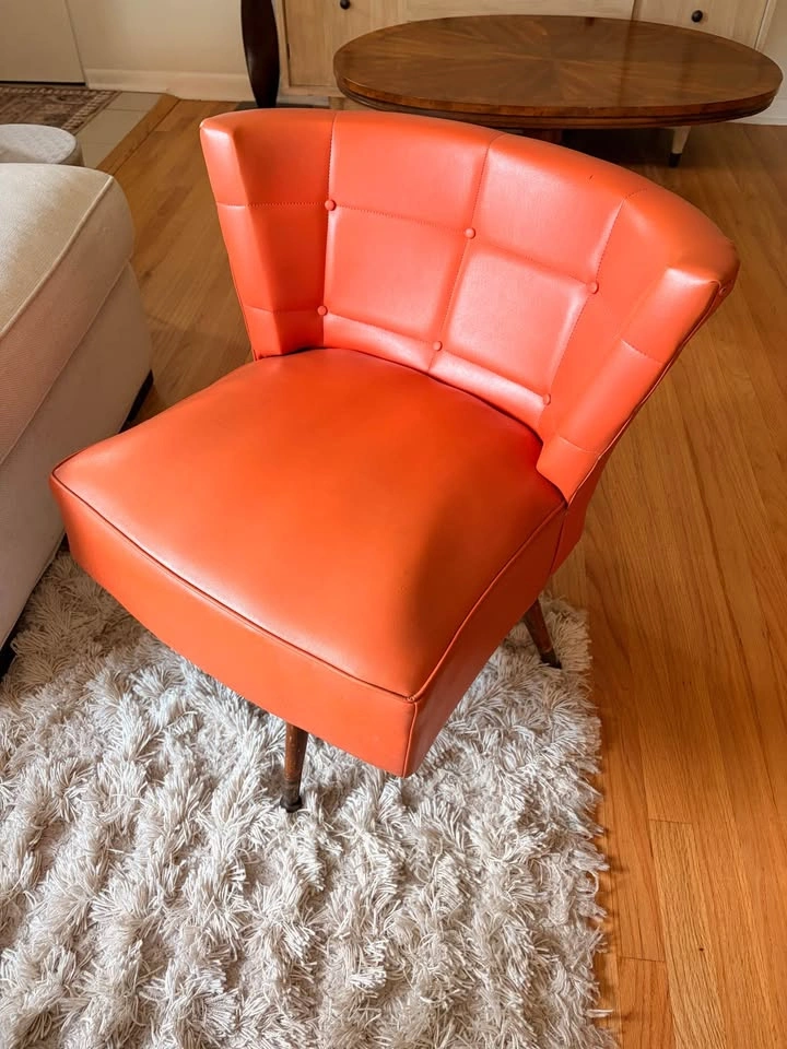 Mid-Century Modern Orange Vinyl Swivel Barrel Chair (1960s) - photo 3