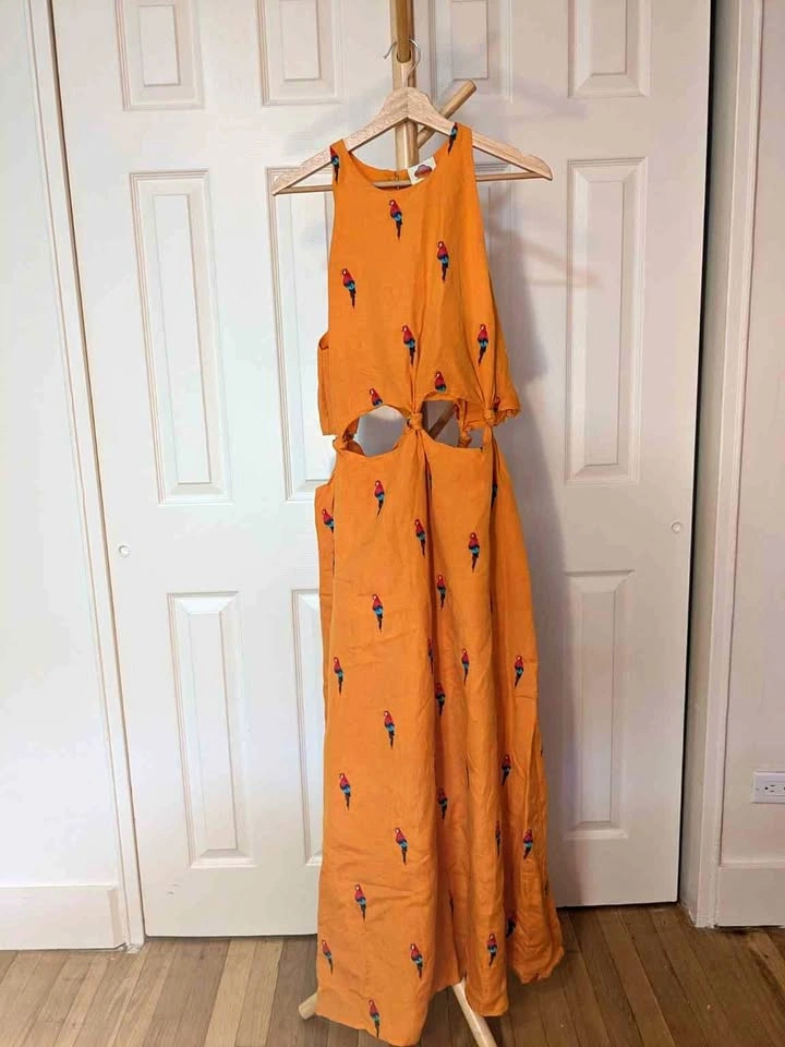 NWT FARM Rio x Anthropologie Parrot Embroidered Linen Maxi Dress