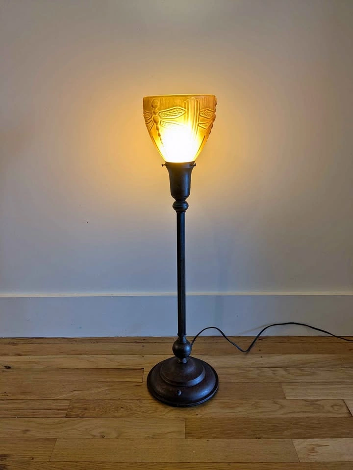 Vintage Art Deco Cast Iron Table Lamp Frosted Amber Glass Dragon