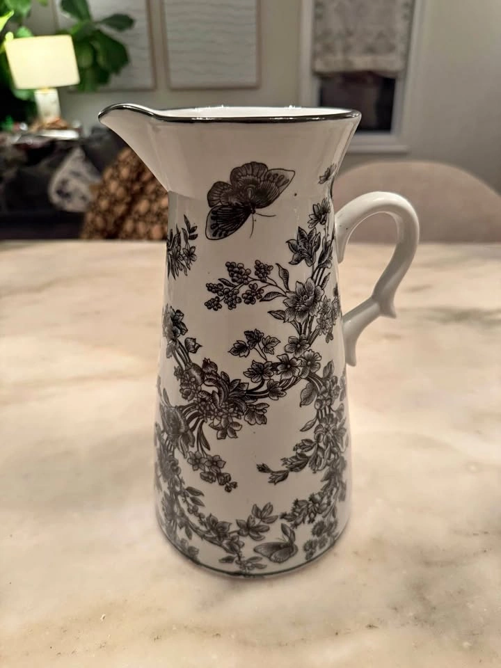 Black & White Floral Butterfly Pitcher / Vase