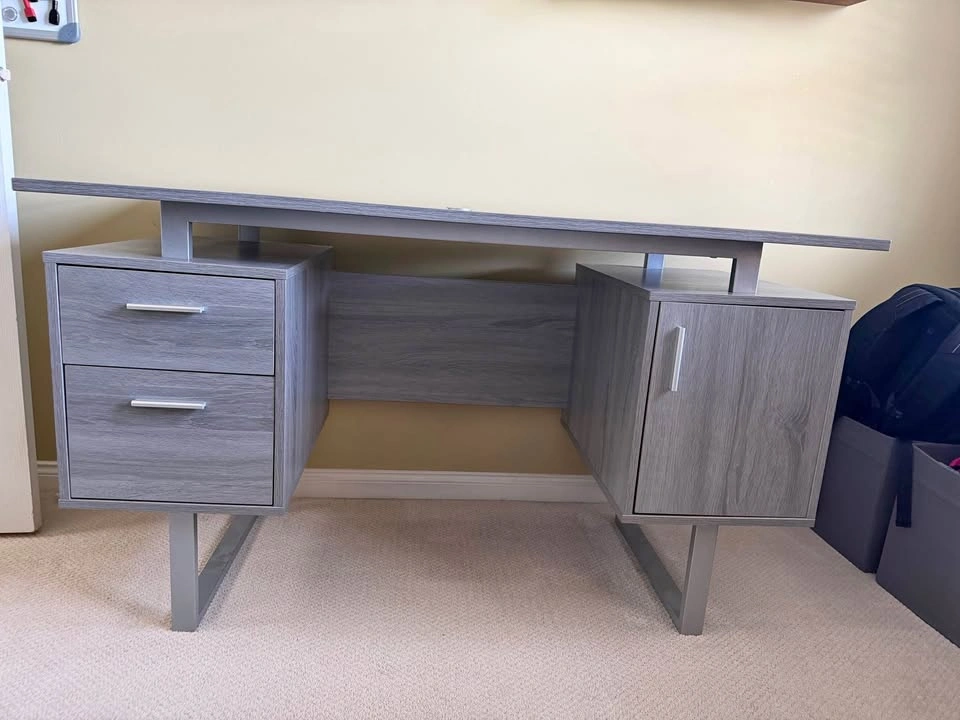 Modern Grey Office Desk with Drawers & Cabinet