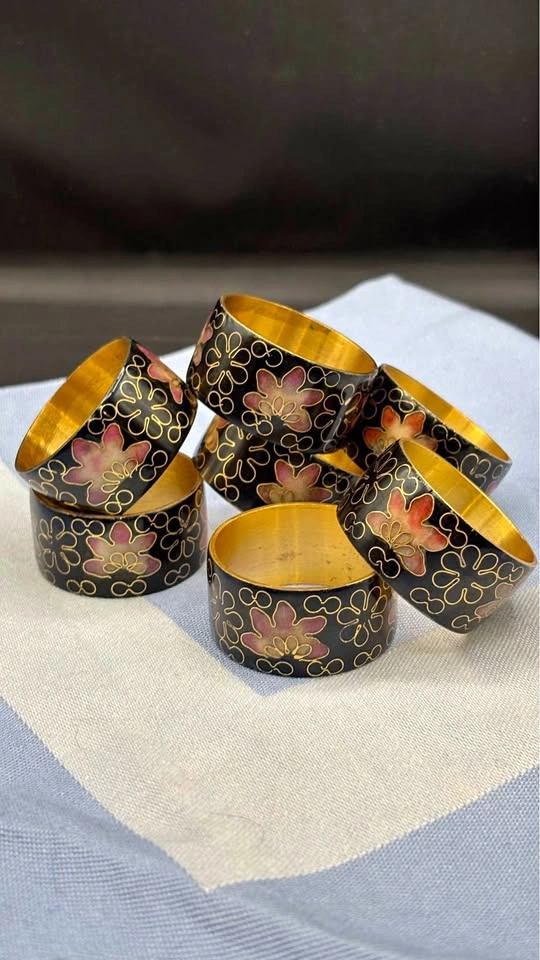 Vintage Black Enamel Brass Cloisonné Napkin Rings | Set of 8