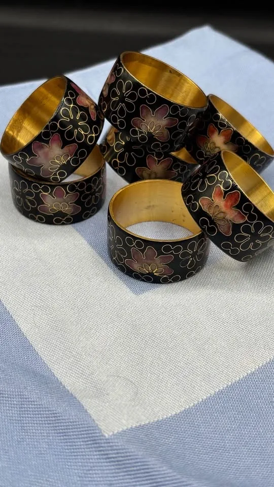 Vintage Black Enamel Brass Cloisonné Napkin Rings | Set of 8 - photo 2