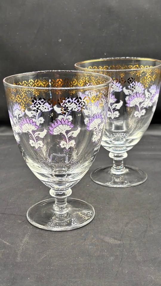 MCM Hollywood Regency Gold Filigree Purple & Gold Goblets