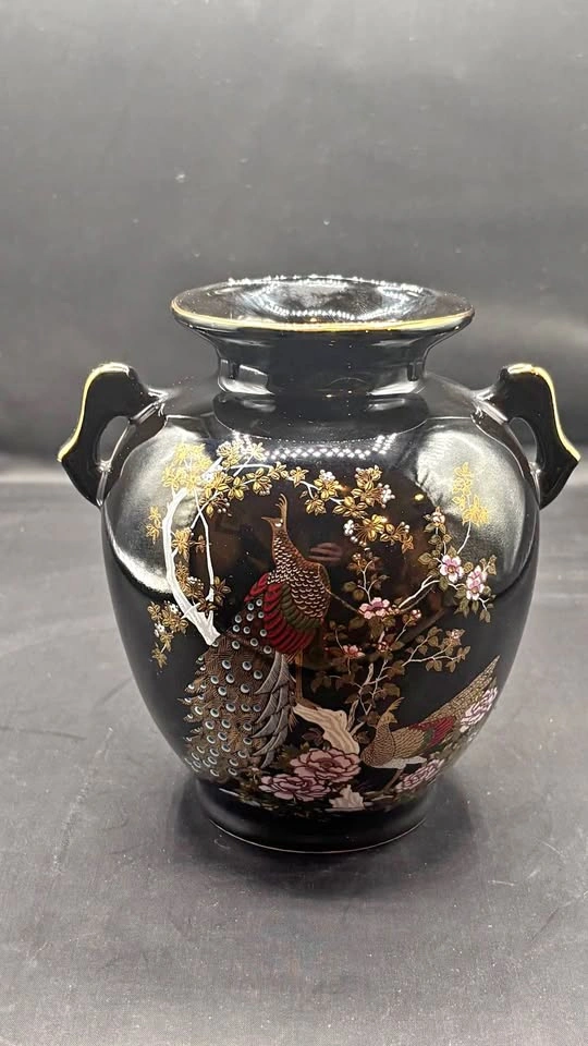 Vintage Japanese Shirakaba Black & Gold Peacock Urn Vase - 8"