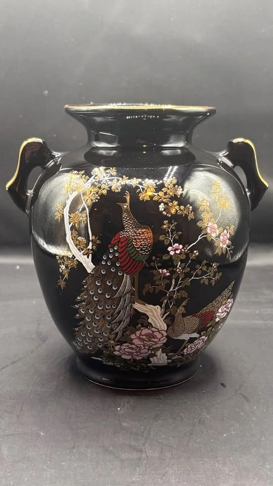 Vintage Japanese Shirakaba Black & Gold Peacock Urn Vase - 8" - photo 2