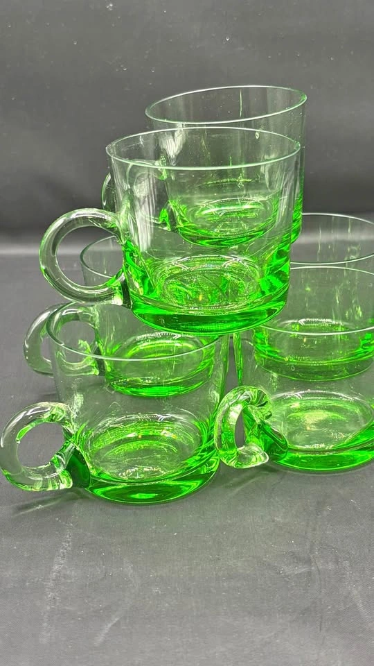 Rare Mid-Century Modern Uranium Glass Mug Set – 6 Pieces