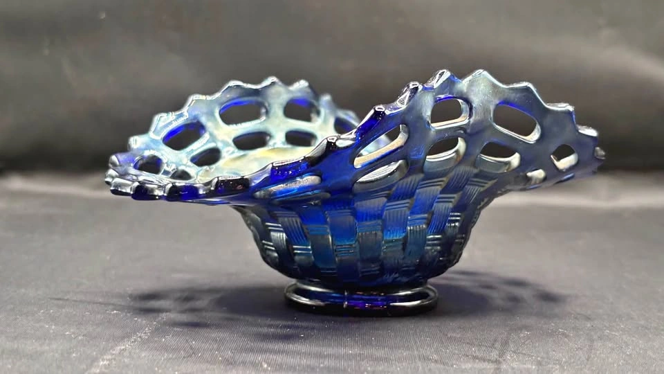 Rare Antique Fenton Cobalt Blue Carnival Glass Open Edge Bowl