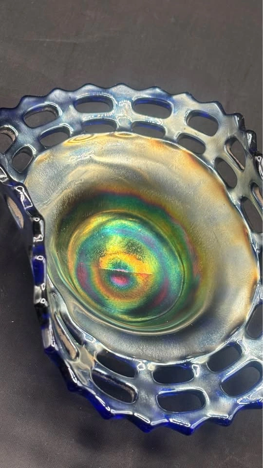 Rare Antique Fenton Cobalt Blue Carnival Glass Open Edge Bowl - photo 3