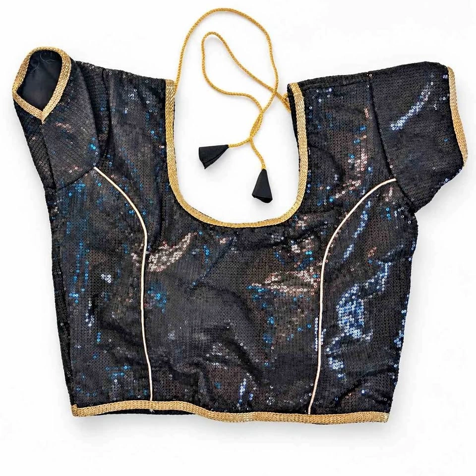 Black Sequin Saree Blouse with Gold Trim