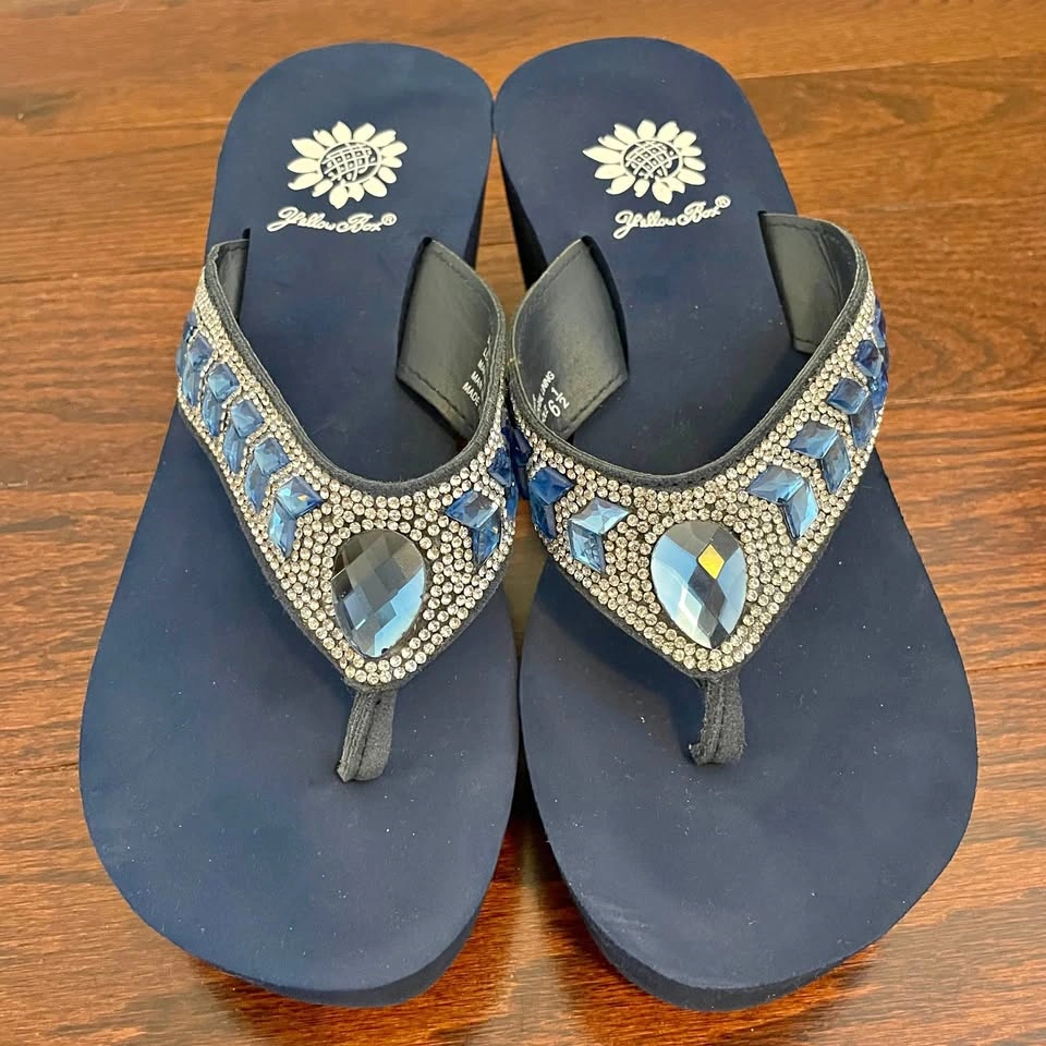 Women's 6.5, Yellow Box, Beaded Wedge Thong Sandals