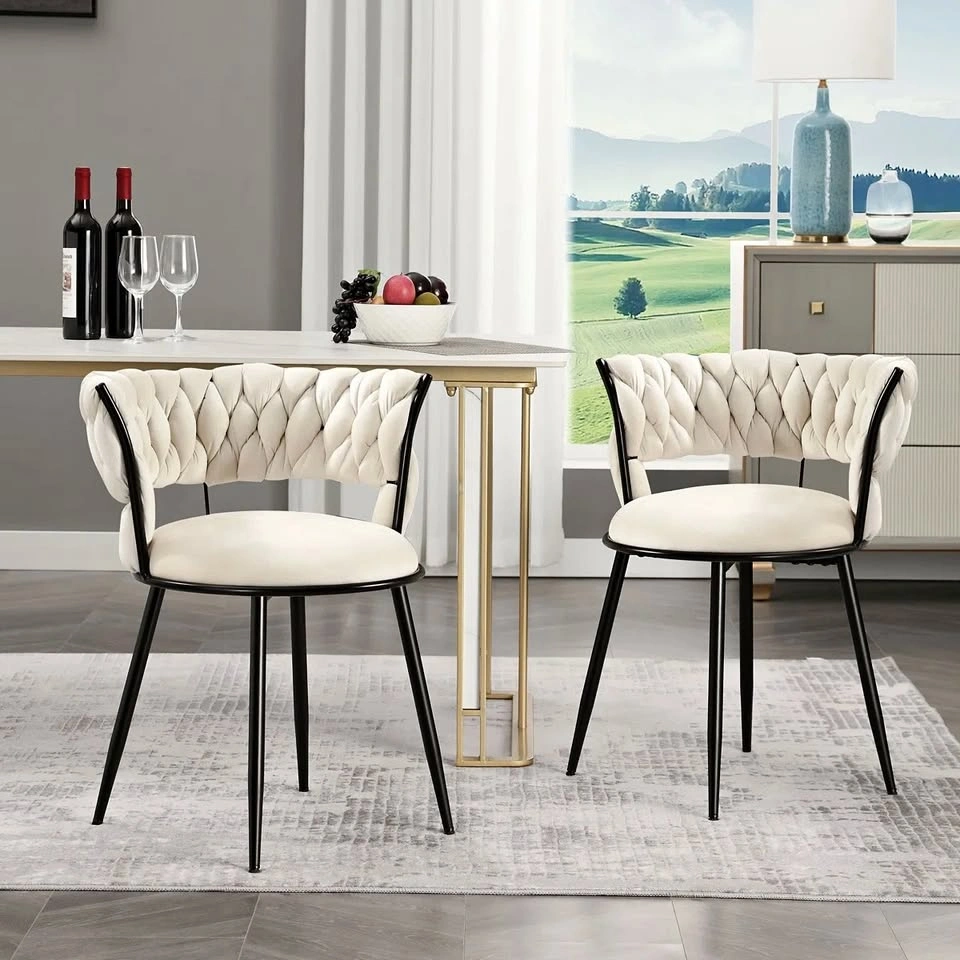 New Woven Dining Chairs, Modern Hand Weaving with Black Metal Le