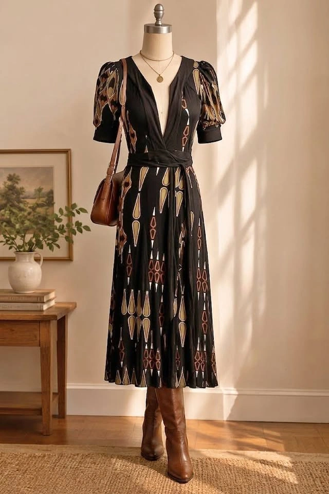 MANGO Suit Vintage Patterned Midi Dress - Size XS