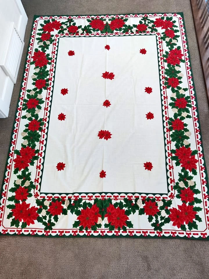 Christmas Tablecloth - Poinsettia & Holly Berry Linen Decoration