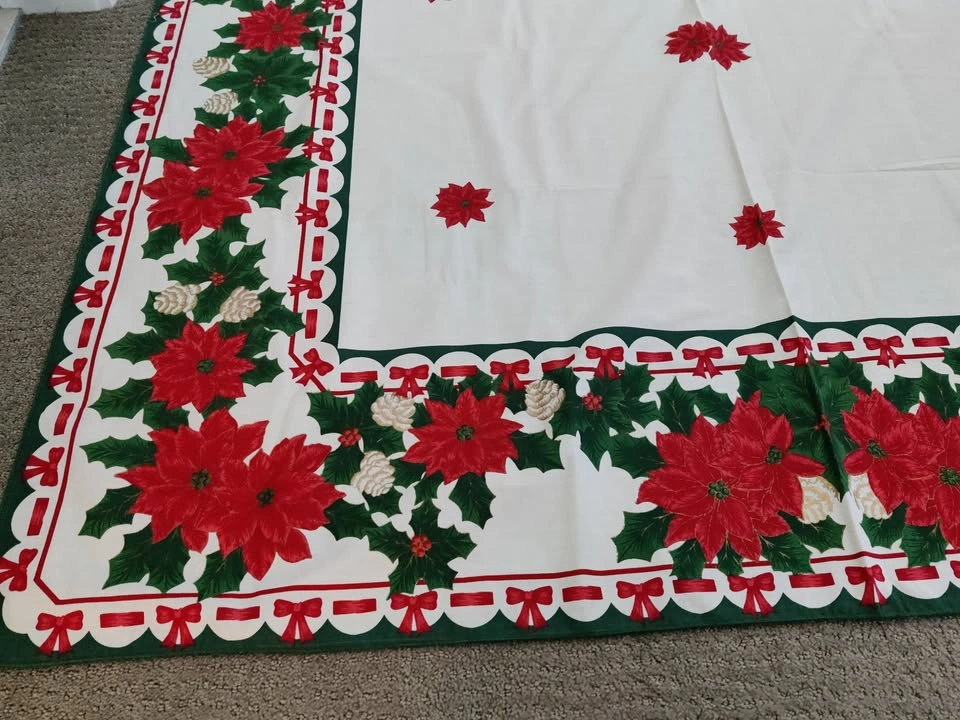 Christmas Tablecloth - Poinsettia & Holly Berry Linen Decoration - photo 2