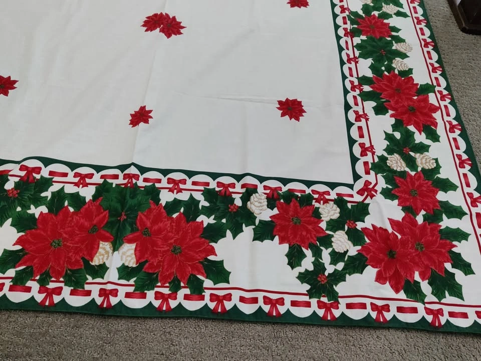 Christmas Tablecloth - Poinsettia & Holly Berry Linen Decoration - photo 3