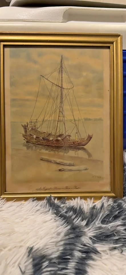 H. Thie Burmese Rice Boat Watercolor Painting 9.1/2”w 12”h