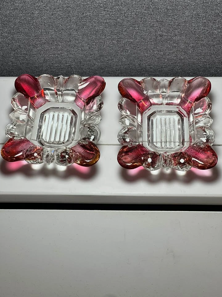 Vintage Westmoreland Pink & Clear Glass Ashtrays / Ring Dishes -