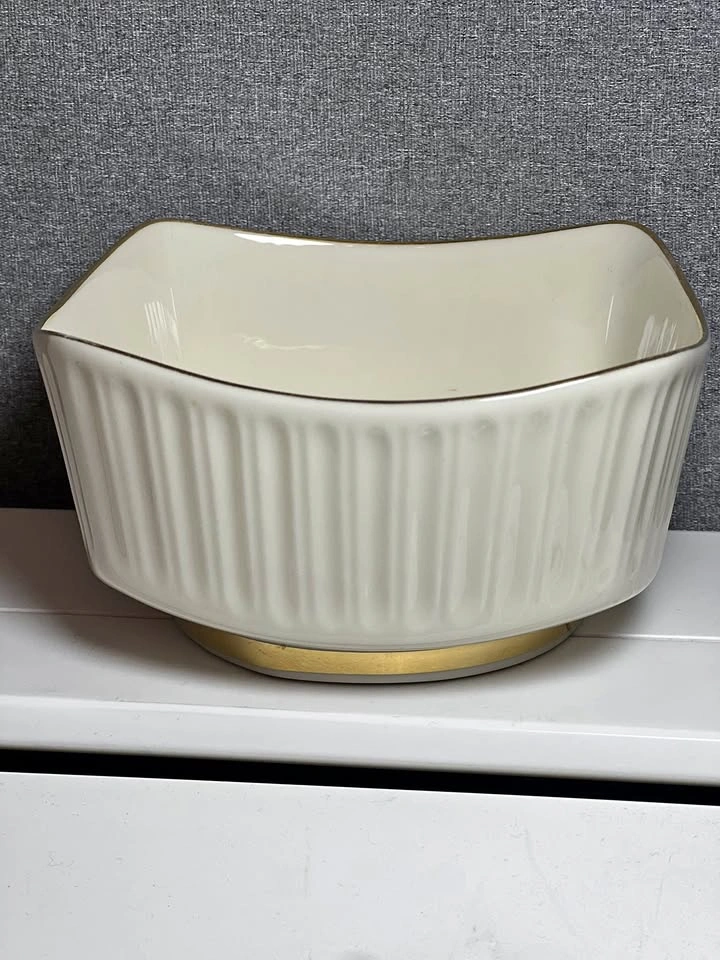 Lenox USA Cream Square Fluted Bowl with Gold Trim