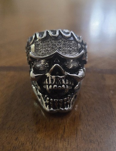Men's Stainless Steel Skull Ring W/ Cubic Zirconia Size 10