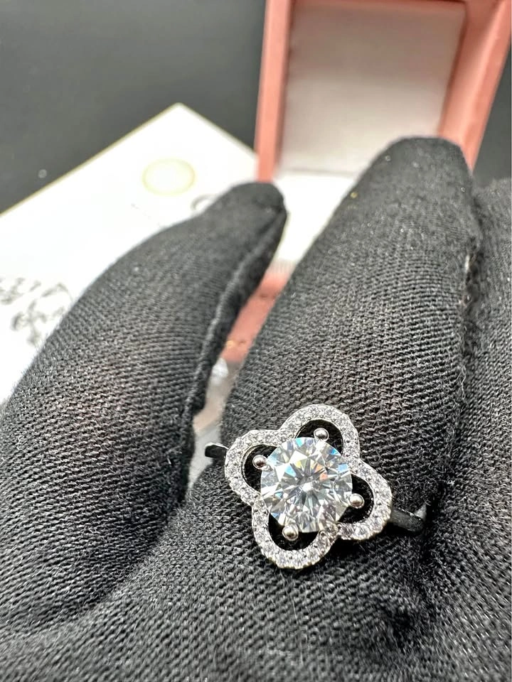 1CT Certified Moissanite Clover Halo Ring – Adjustable