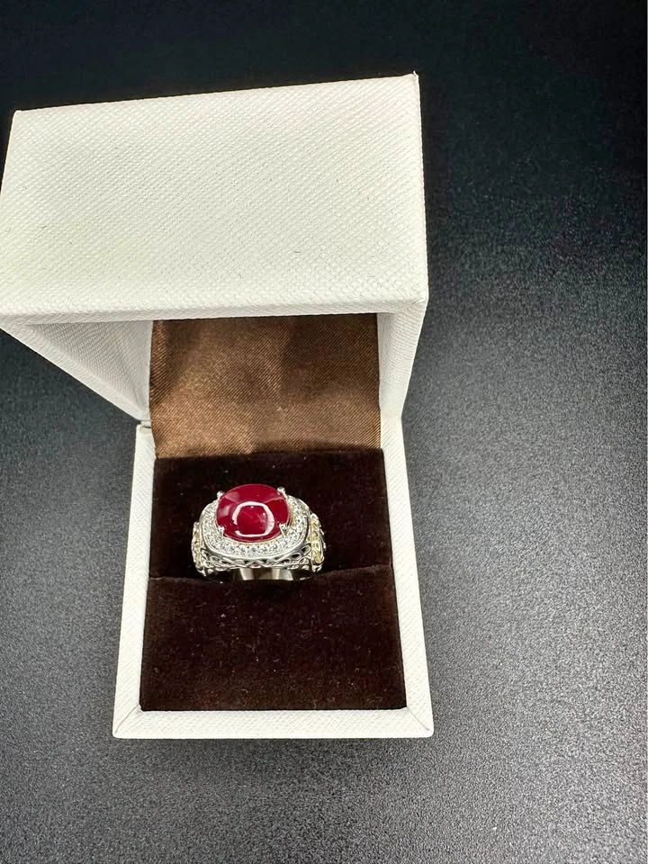 Luxury Natural Oval Cabochon Ruby Men's Ring - 925 Silver