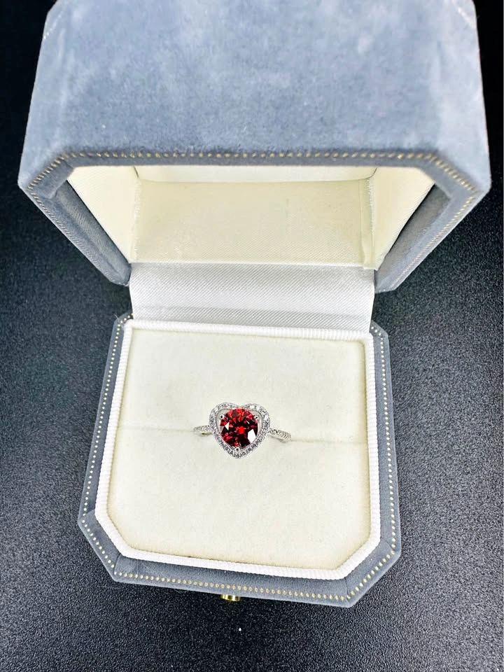 1CT Red Moissanite Diamond Heart-Halo Ring | 925 Sterling Silver