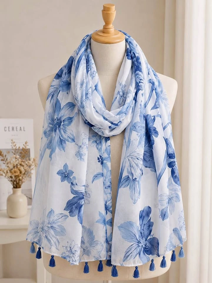 Blue Floral Linen-Polyester Tassel Scarf – Lightweight Shawl