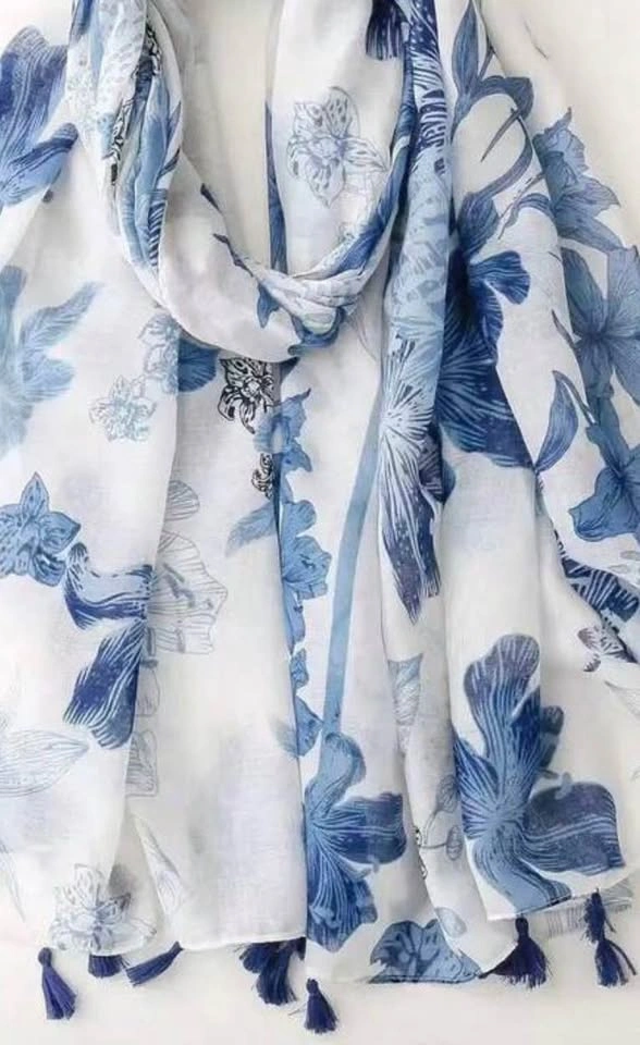Blue Floral Linen-Polyester Tassel Scarf – Lightweight Shawl - photo 2