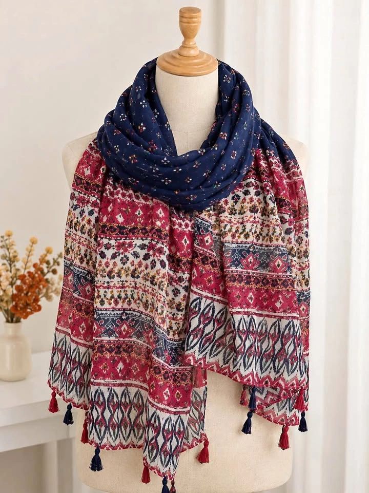 Blue & Red Printed Polyester Scarf with Tassels