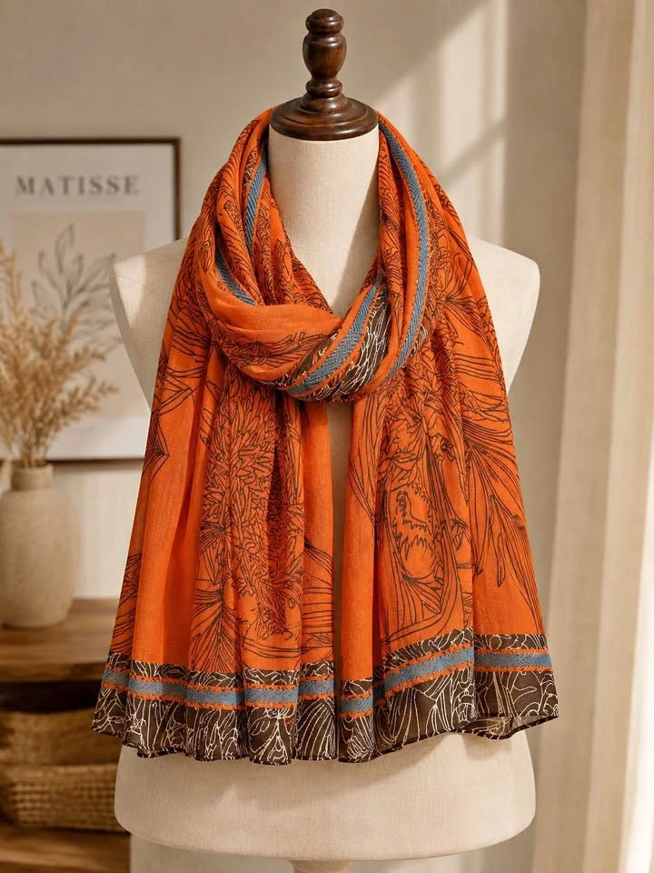 Orange Bohemian Floral Print Scarf – 100% Polyester