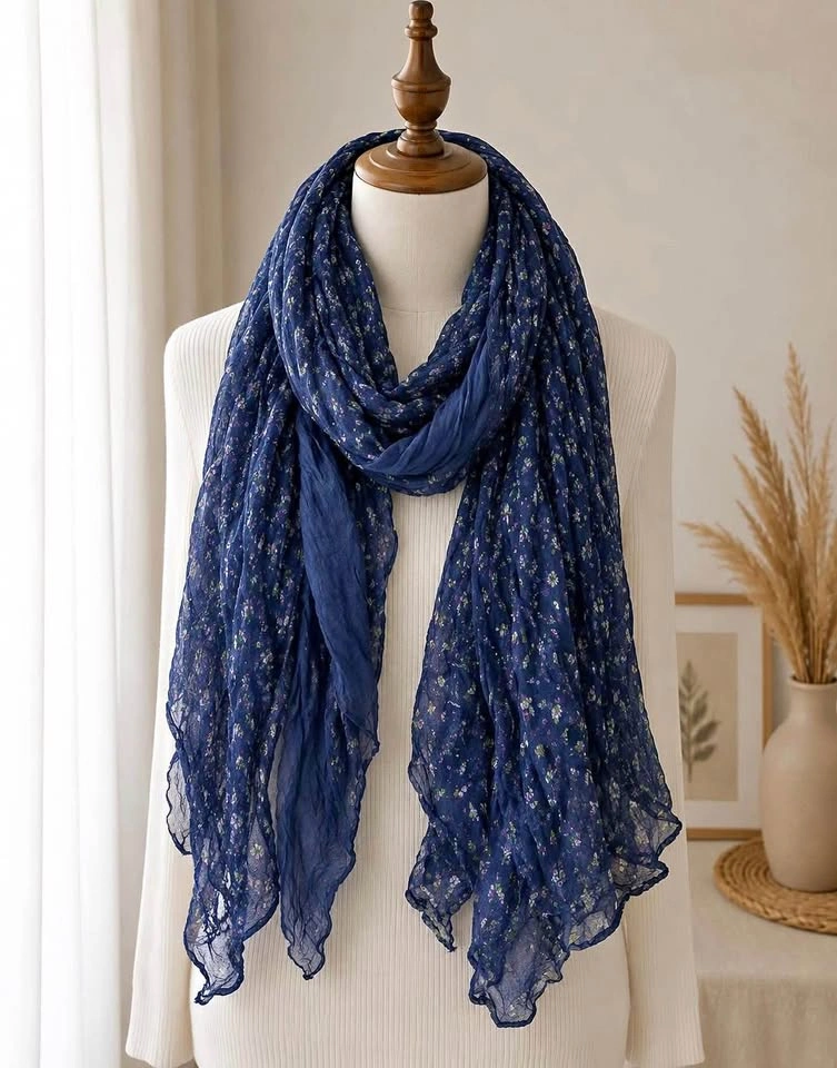 Navy Blue Floral Crinkle Polyester Scarf – Lightweight & Soft