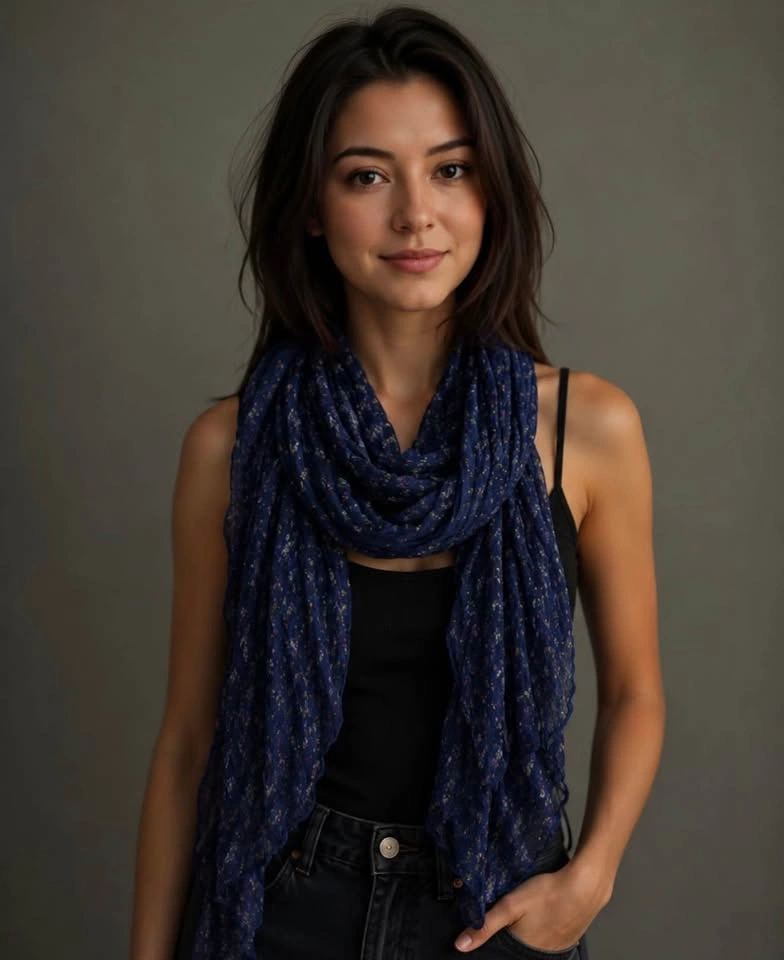 Navy Blue Floral Crinkle Polyester Scarf – Lightweight & Soft - photo 2