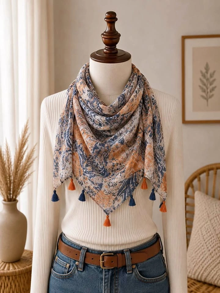 Boho Paisley Tassel Scarf | 85 × 180 cm | Linen Blend Shawl