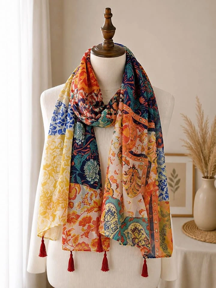 Boho Patchwork Tassel Scarf 85x180cm Lightweight Linen Blend