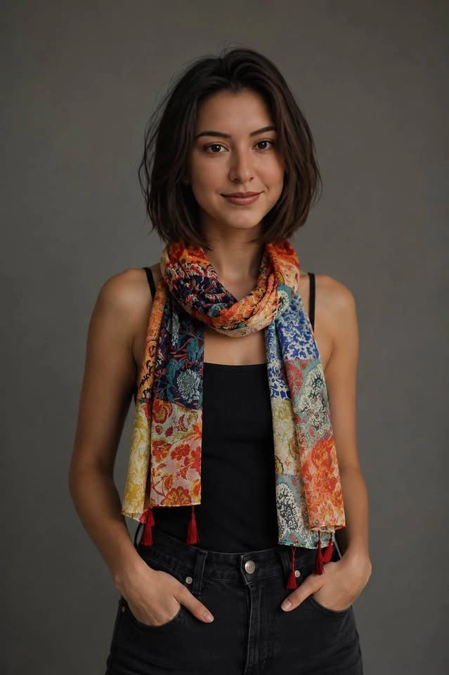 Boho Patchwork Tassel Scarf 85x180cm Lightweight Linen Blend - photo 2