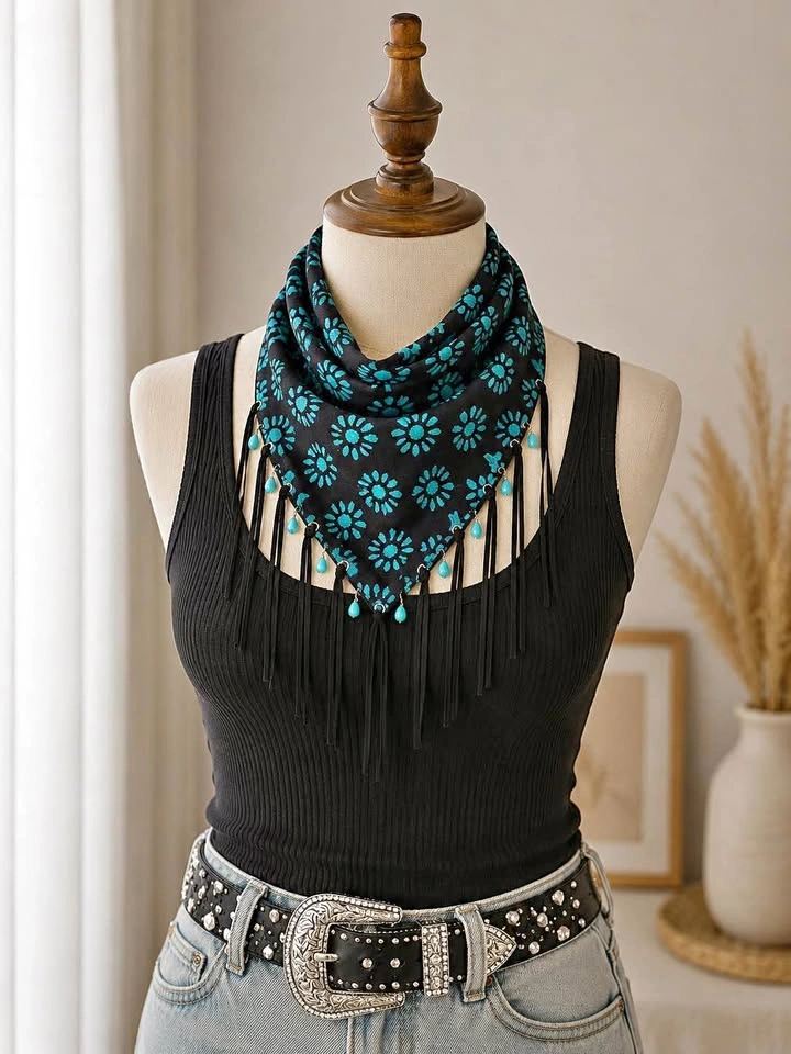 Western Boho Fringe Bandana Scarf Turquoise Print
