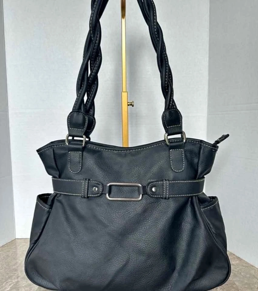 Unique Black Faux Leather Braided Strap Shoulder Bag