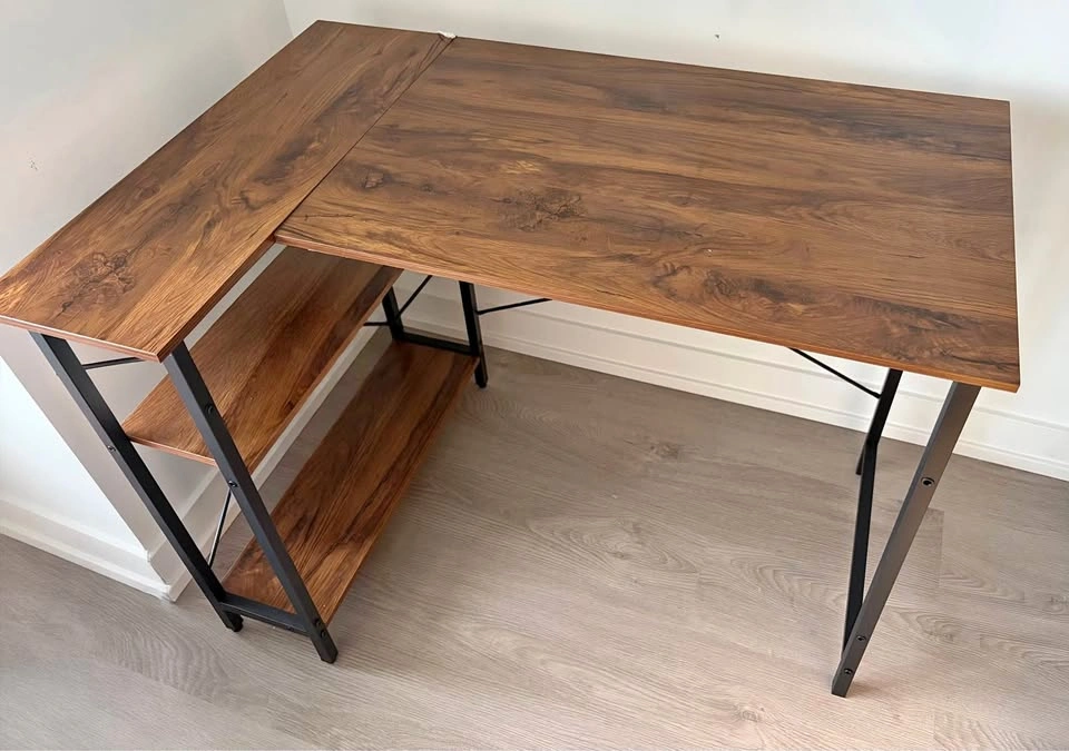 L-Shaped Desk with Shelves and Grey Upholstered Chair