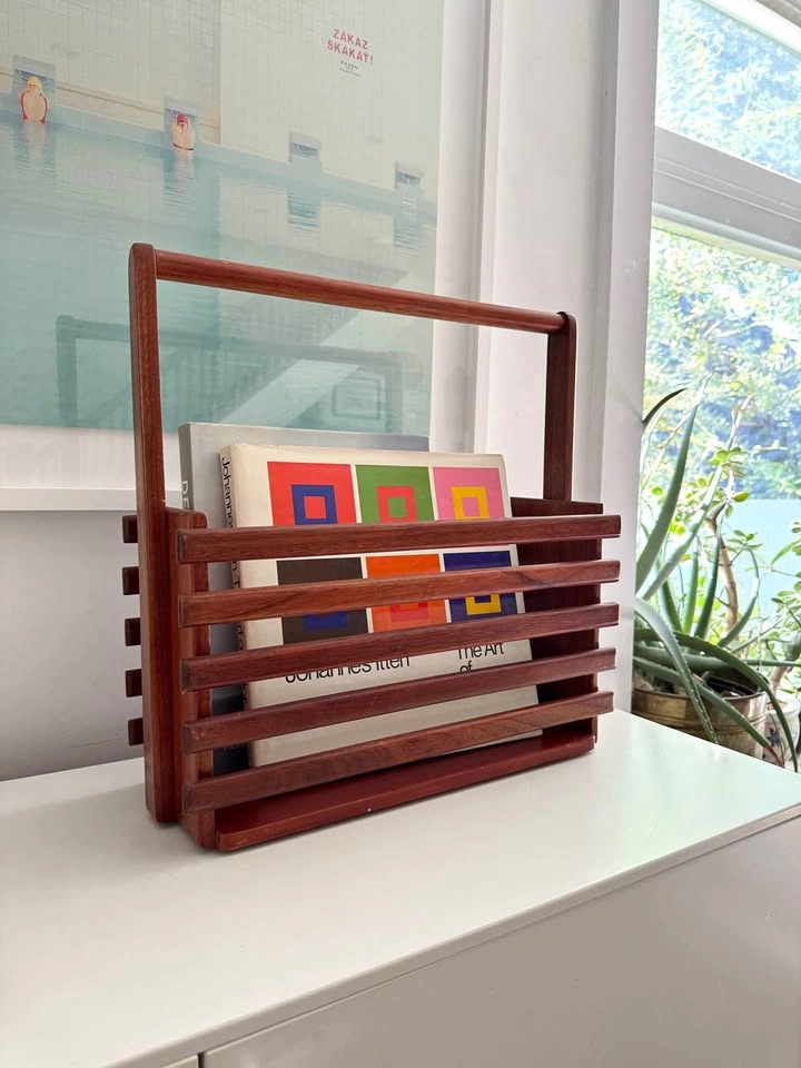 Vintage Mid-Century Modern Wood Slat Magazine Rack